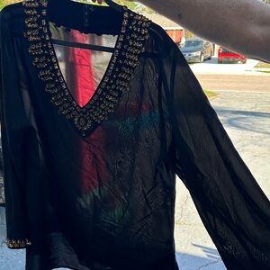 Sheer Black V-Neck Tunic with Gold Beaded Trim